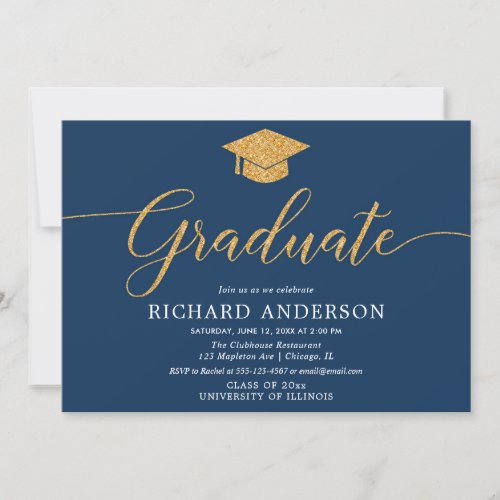 Navy blue gold graduation party Graduate Invitation