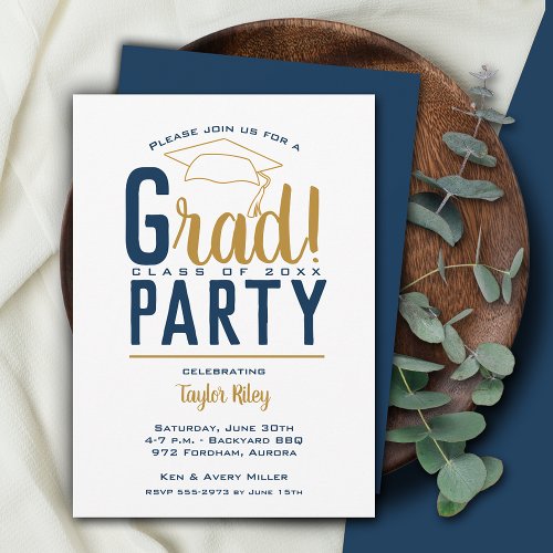 Navy Blue  Gold Graduation Party Invitation