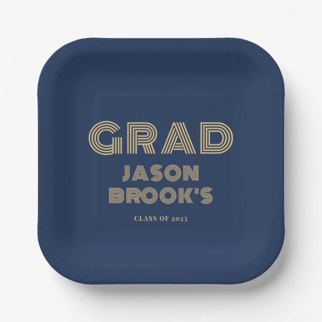 Navy Blue Gold Graduation Party Paper Plates (Front)