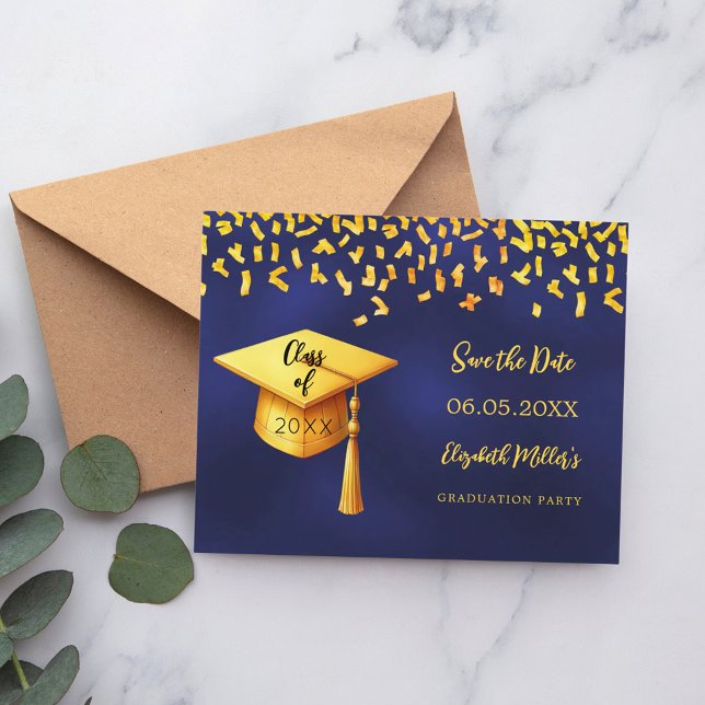 Navy blue gold Graduation Party Save the Date Flyer (Creator Uploaded)