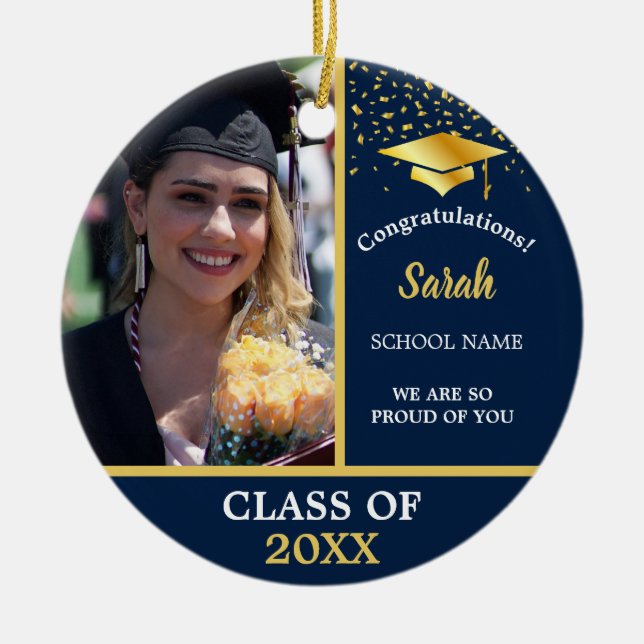 Navy Blue Gold Graduation Photo Class Of 2025 Ceramic Ornament (Front)