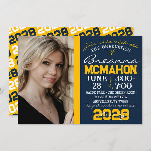 Navy Blue & Gold Graduation Photo Invitation