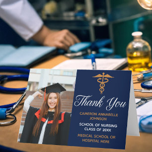 Navy Blue Gold Graduation Photo Medical School Letterpress Thank You Card