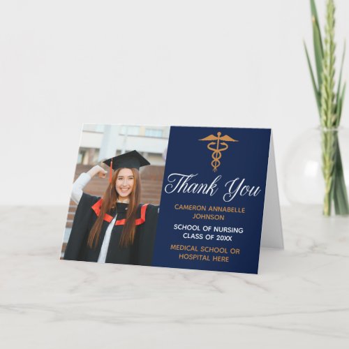 Navy Blue Gold Graduation Photo Medical School Thank You Card