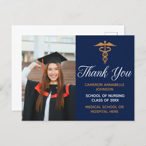 Navy Blue Gold Graduation Photo Medical Thank You Postcard