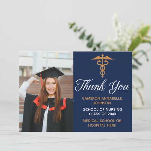 Navy Blue Gold Graduation Photo Nurse or Doctor Thank You Card