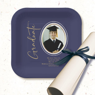 Navy Blue Gold Graduation Script Minimal Photo Paper Plates