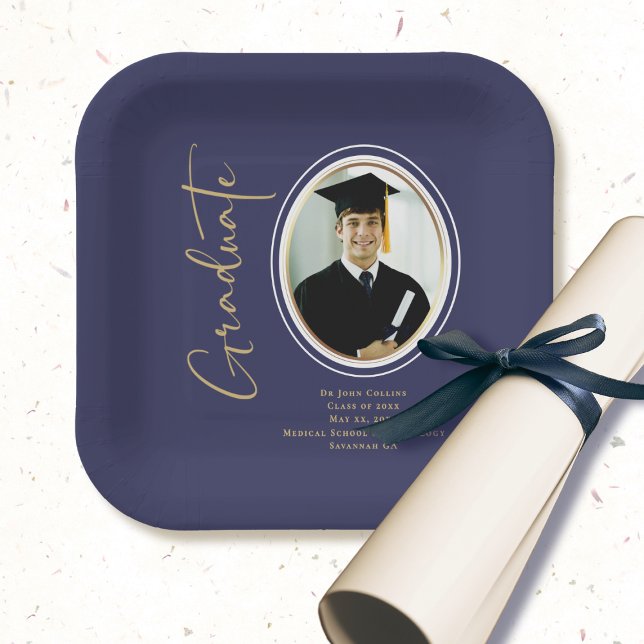 Navy Blue Gold Graduation Script Minimal Photo Paper Plates (Creator Uploaded)