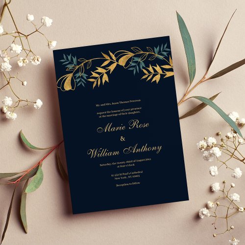 Navy blue gold grayish cyan foliage Wedding  Invitation