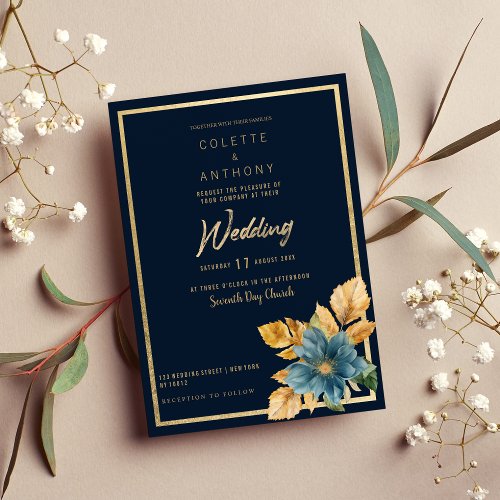Navy blue gold green elegant floral frame Wedding Invitation