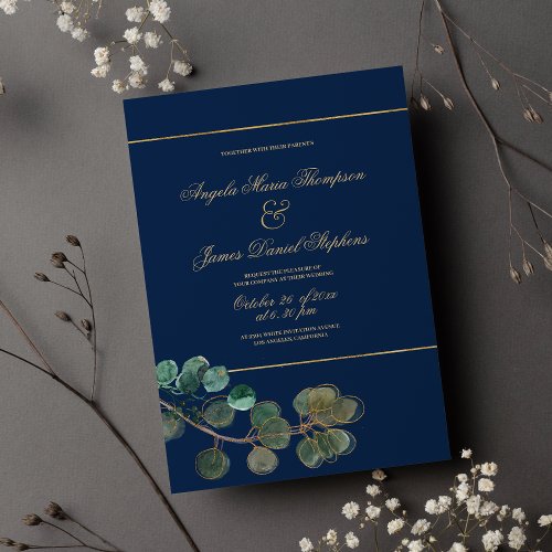 Navy blue gold green eucalyptus foliage wedding invitation