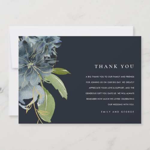 NAVY BLUE GOLD GREEN FLORAL WATERCOLOR WEDDING THANK YOU CARD
