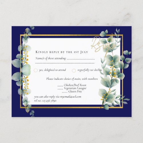 NAVY BLUE GOLD Greenery Eucalyptus Wedding RSVP Postcard
