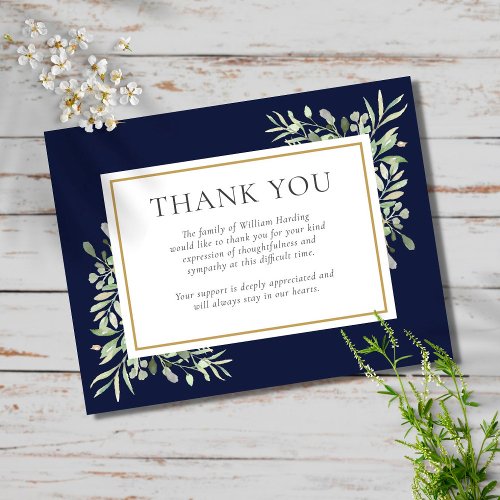 Navy Blue Gold Greenery Funeral Thank You Card