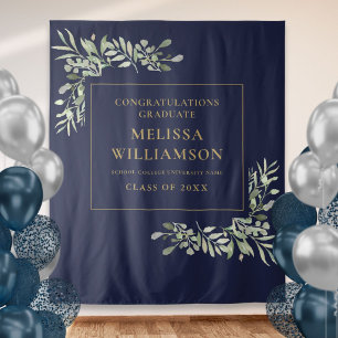 Navy Blue Gold Greenery Graduation Photo Backdrop
