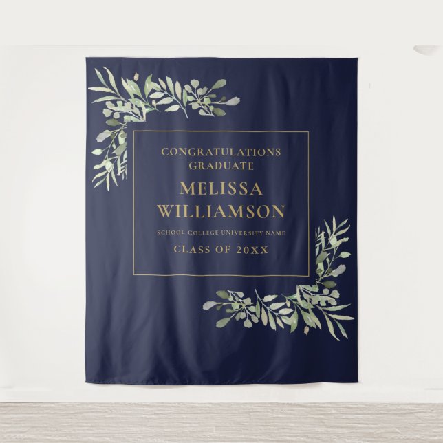 Navy Blue Gold Greenery Graduation Photo Backdrop (Front)