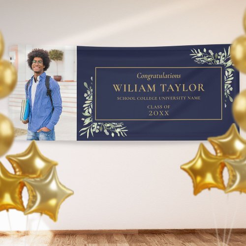 Navy Blue Gold Greenery Graduation Photo Congrats Banner