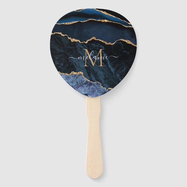Navy Blue Gold Hand Fan Custom Name and Letter (Front)
