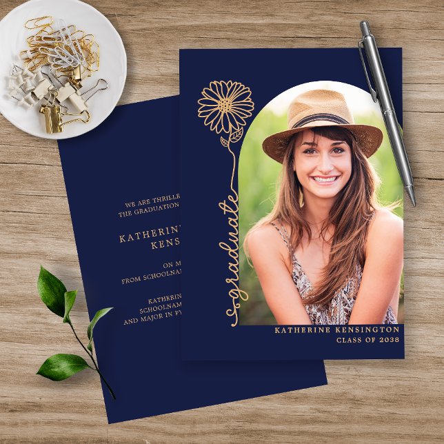 Navy Blue Gold Handwritten Photo Graduation Foil Invitation (Creator Uploaded)