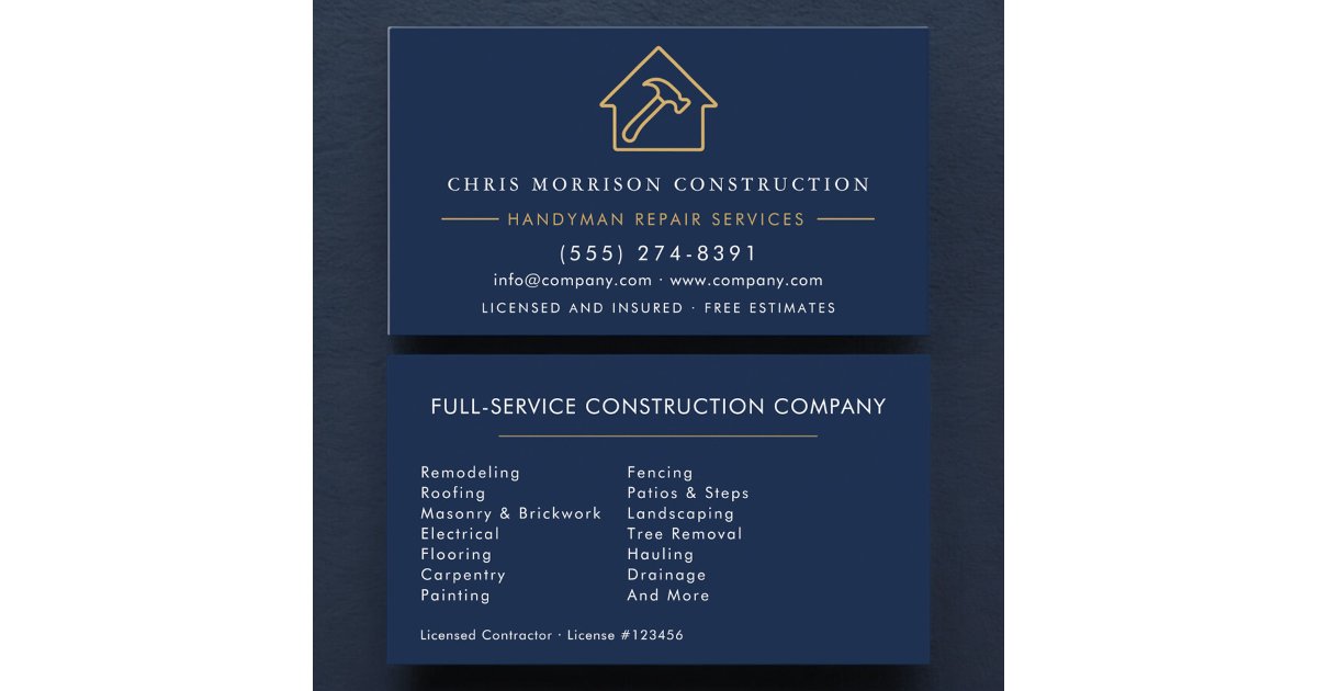 Navy Blue Gold Handyman Construction Business Card | Zazzle