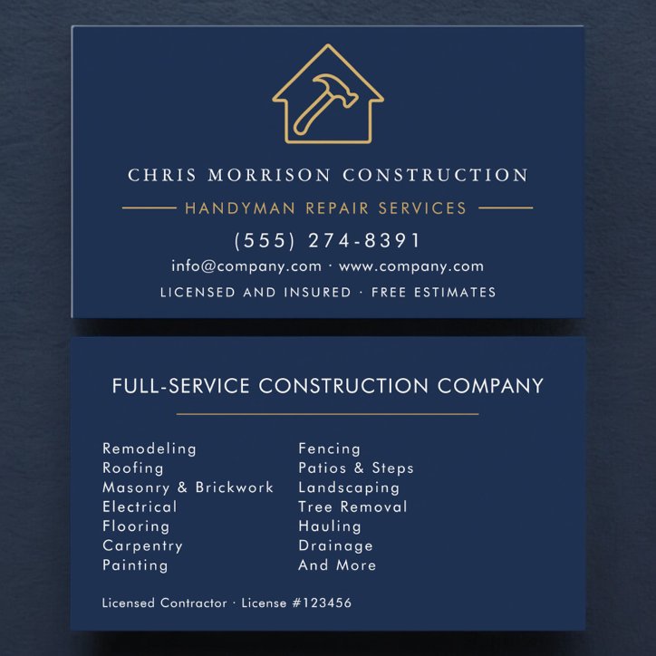 Navy Blue Gold Handyman Construction Business Card