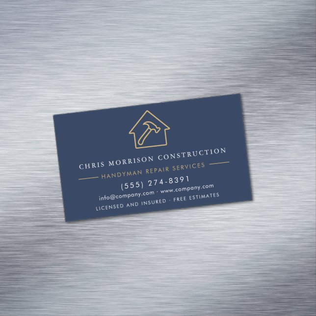Navy Blue Gold Handyman Construction  Business Card Magnet (In Situ)