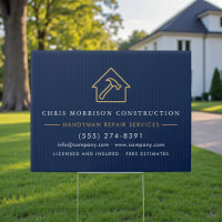 Navy Blue Gold Handyman Construction Yard Sign