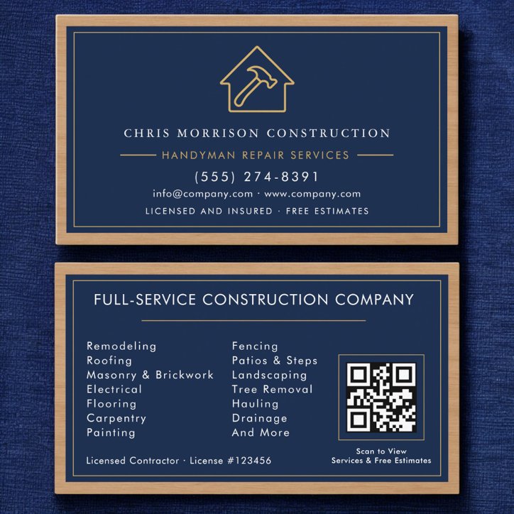 Navy Blue Gold Handyman Wood QR Code Construction Business Card