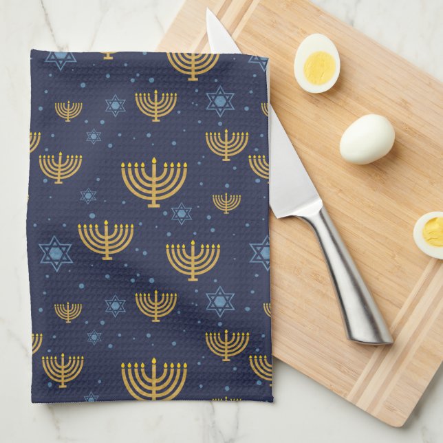 Navy Blue & Gold Hanukkah Menorah Pattern Kitchen Towel (Quarter Fold)