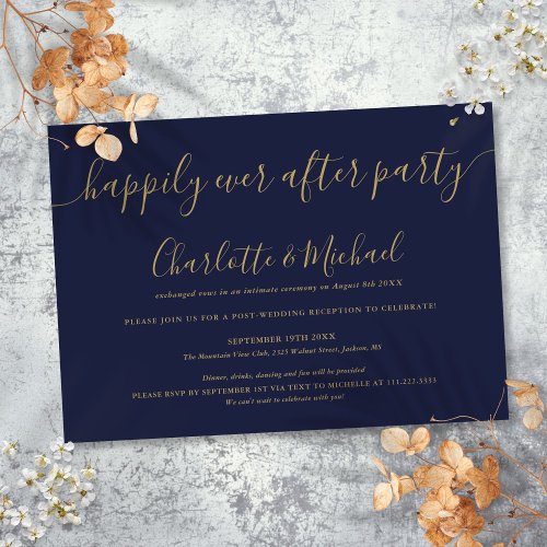 Navy Blue Gold Happily Ever After Party Wedding Invitation