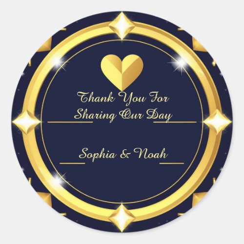 🖤 Navy Blue Gold Heart Wedding Thank You 🖤 Classic Round Sticker