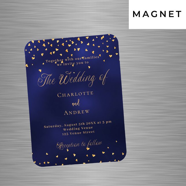Navy blue gold hearts luxury wedding invitation magnet (Creator Uploaded)