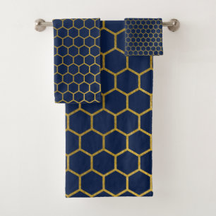 Navy Blue & Gold Hexagon Geometric Pattern Bath Towel Set