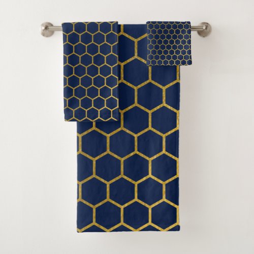 Navy Blue  Gold Hexagon Geometric Pattern Bath Towel Set