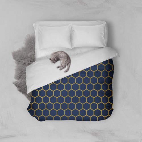 Navy Blue  Gold Hexagon Geometric Pattern Duvet Cover