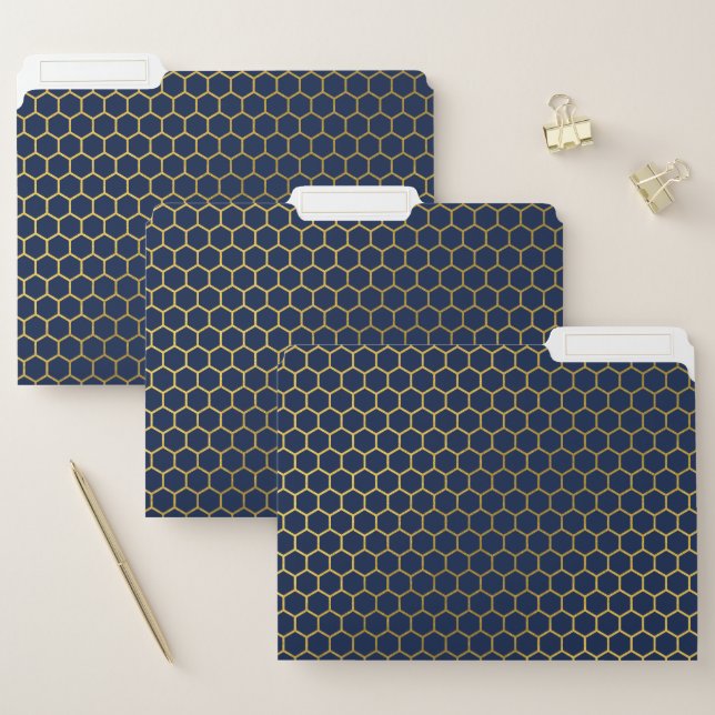Navy Blue & Gold Hexagon Geometric Pattern File Folder (Set)