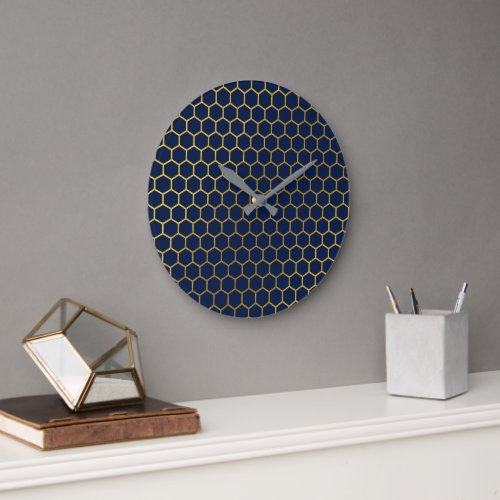 Navy Blue  Gold Hexagon Geometric Pattern Large Clock