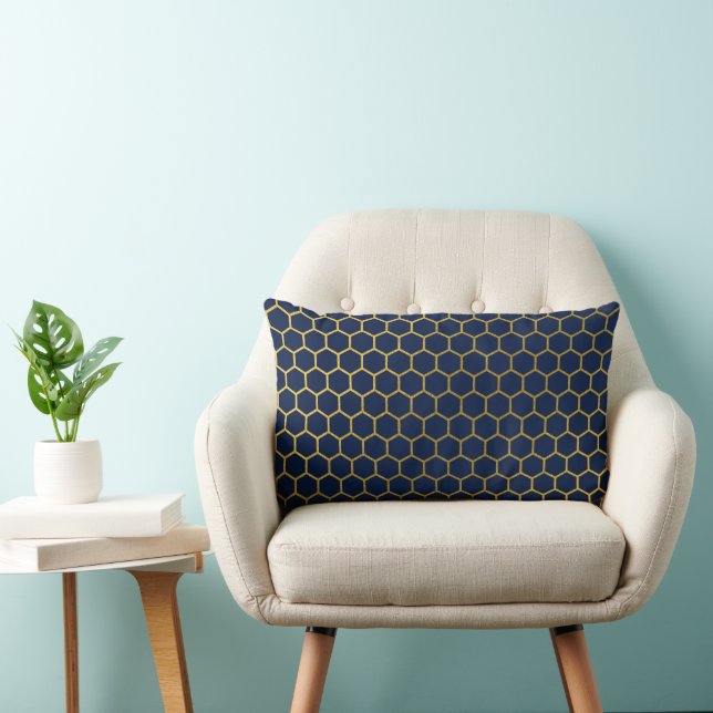 Navy Blue & Gold Hexagon Geometric Pattern Lumbar Pillow (Chair)