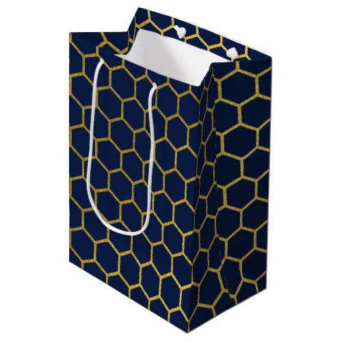 Navy Blue  Gold Hexagon Geometric Pattern Medium Gift Bag