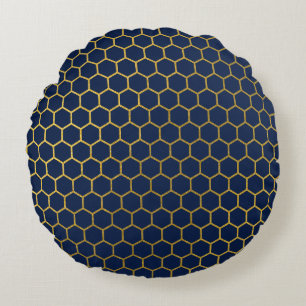 Navy Blue & Gold Hexagon Geometric Pattern Round Pillow
