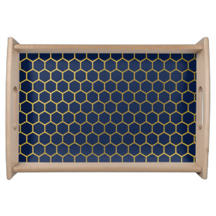 Navy Blue & Gold Hexagon Geometric Pattern Serving Tray