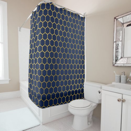 Navy Blue  Gold Hexagon Geometric Pattern Shower Curtain