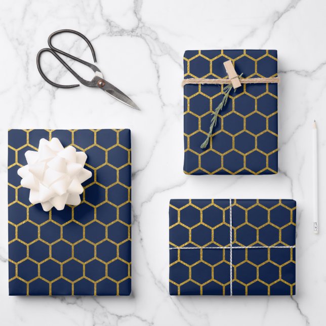 Navy Blue & Gold Hexagon Geometric Pattern Wrapping Paper Sheets (Front)