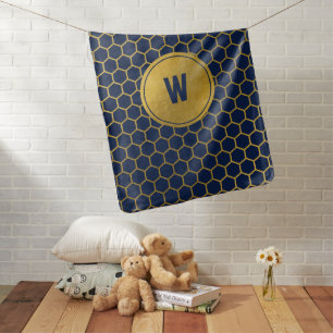Navy Blue & Gold Hexagon Pattern Monogram Initial Baby Blanket
