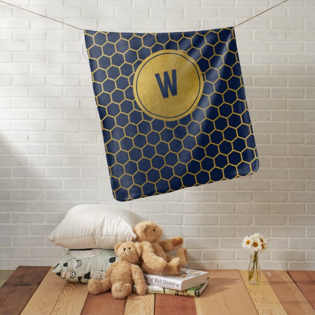 Navy Blue & Gold Hexagon Pattern Monogram Initial Baby Blanket (In Situ)