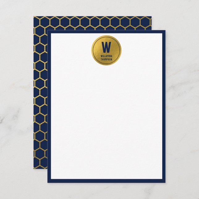 Navy Blue & Gold Hexagon Pattern Monogram Initial Note Card (Front/Back)