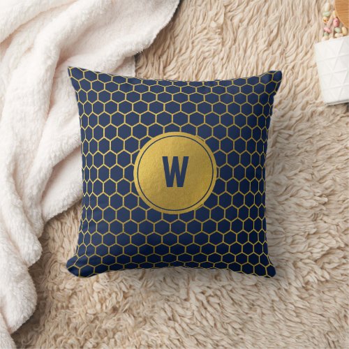 Navy Blue  Gold Hexagon Pattern Monogram Initial Throw Pillow