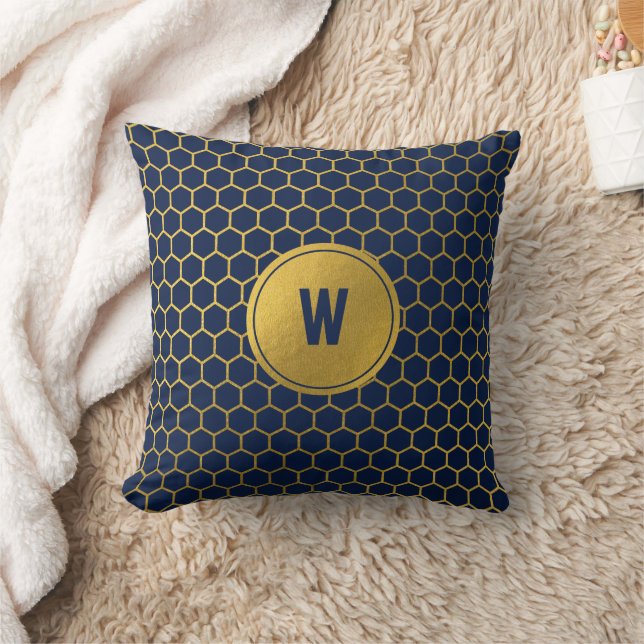 Navy Blue & Gold Hexagon Pattern Monogram Initial Throw Pillow (Blanket)