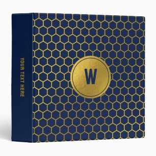 Navy Blue Gold Hexagon Pattern Monogrammed Initial 3 Ring Binder