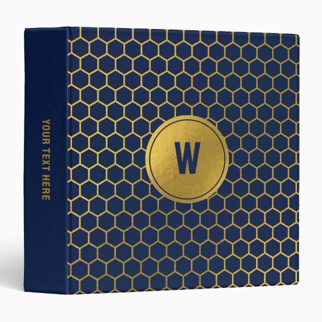 Navy Blue Gold Hexagon Pattern Monogrammed Initial 3 Ring Binder (Front/Spine)